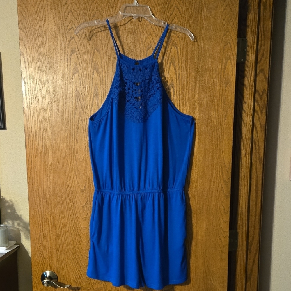 Blue Halter Romper with Lace Detail